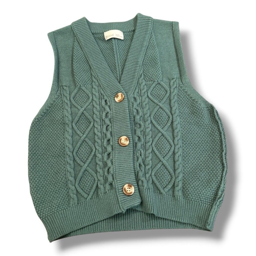 BeCool Cable Knit Button Down Sweater Vest Green Knit Casual Women’s Size M/L - Picture 1 of 9